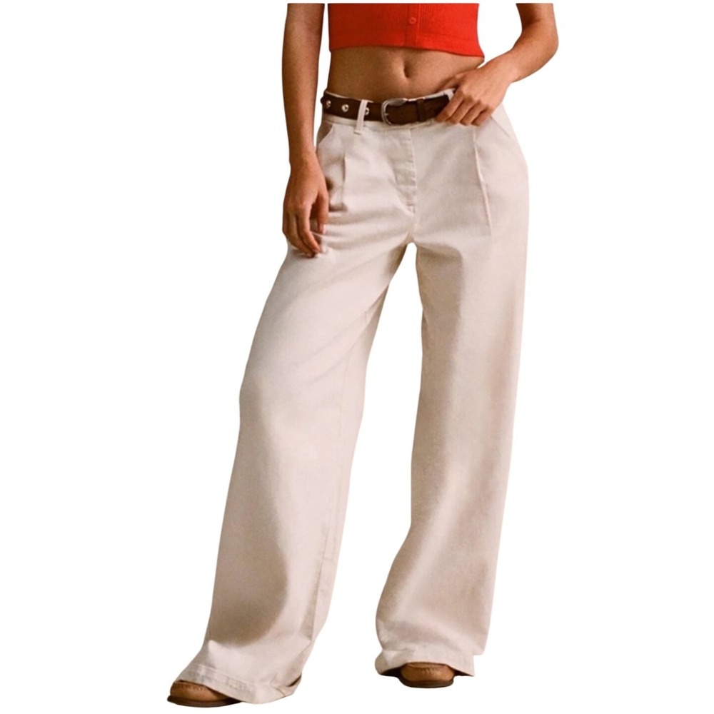American Eagle Womens High Rise Pleated Wide Leg Trouser Pants Cream Sz 00 Short
